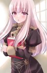  1girl :o blush book buttons commentary_request fire_emblem fire_emblem:_three_houses garreg_mach_monastery_uniform highres holding holding_book hugging_book hugging_object juliet_sleeves kirishima_riona long_hair long_sleeves looking_at_viewer lysithea_von_ordelia mixed-language_commentary pink_eyes puffy_sleeves solo uniform white_hair 