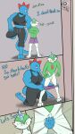 anthro assisted_exposure ball_squeeze ballbusting blue_text catboycbtenby clothed clothing cock_and_ball_torture comic comic_panel duo english_text female feraligatr gallade generation_2_pokemon generation_4_pokemon genital_torture green_text gym_clothing hi_res lovers_moment male male/female mocking nintendo pain partially_clothed pokemon pokemon_(species) relationship shocked text underwear underwear_down