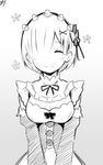  ^_^ artist_name blush breasts cleavage closed_eyes closed_mouth collar detached_collar detached_sleeves facing_viewer frilled_collar frilled_sleeves frills greyscale hair_ornament hair_over_one_eye hair_ribbon highres maid maid_headdress medium_breasts monochrome re:zero_kara_hajimeru_isekai_seikatsu rem_(re:zero) ribbon short_hair signature sketch sky_(freedom) smile solo upper_body x_hair_ornament 