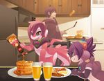  ambiguous_gender anthro bacon beverage black_hair breakfast chair clothing cooking detailed_background dragon elbow_gloves eyewear food gloves goggles hair hi_res hoodie human kitchen mako_(rudragon) male mammal microwave open_mouth orange_juice pink_hair ru_(rudragon) rudragon sausage smile syrup table waffles wings yellow_sclera 
