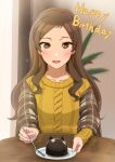  1girl blush brown_hair cable_knit cake commentary_request food fork happy_birthday highres holding holding_fork idolmaster idolmaster_million_live! indoors kitazawa_shiho long_hair long_sleeves looking_at_viewer open_mouth plaid_shawl plate rararakkoyade shawl smile solo sweater table upper_body 