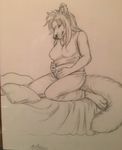  2016 anthro barefoot belly big_belly breasts canine clothed clothing crop_top english_text female fur hair hand_on_stomach kneeling long_hair mammal monochrome nipple_bulge pants pillow pregnant rukis shirt signature solo text xanderblaze 