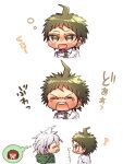  2boys :d ahoge angry blush brown_eyes brown_hair chibi closed_eyes cropped_torso danganronpa_(series) danganronpa_2:_goodbye_despair harumina_mau hedgehog highres hinata_hajime komaeda_nagito male_focus multiple_boys open_mouth screaming smile tearing_up thought_bubble translation_request 