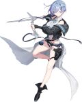  1girl asymmetrical_bangs bare_shoulders belt black_footwear blue_hair counter:side flower full_body hair_flower hair_ornament highres holding holding_scissors holster levia_thanis o-ring official_art scissors short_hair shorts smile solo tachi-e transparent_background 