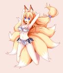  1girl animal_ear_fluff animal_ears arms_up blonde_hair blue_eyes breasts cleavage fox_ears fox_girl fox_tail full_body kitsune kyuubi long_hair multiple_tails navel open_mouth original pink_background pixel_art simple_background solo swimsuit tail white_swimsuit yuuki_(silent_moon) 