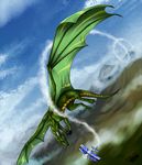  2014 blue_sky day detailed_background dragon feral flying green_skin horn membranous_wings natoli nude outside sky solo spines wings 