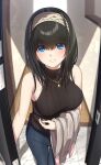  1girl absurdres bare_arms bare_shoulders black_hair black_sweater blue_eyes blush denim go-1 grey_hairband hairband highres idolmaster idolmaster_cinderella_girls jeans looking_at_viewer pants pov_doorway ribbed_sweater sagisawa_fumika sleeveless sleeveless_sweater solo sweater 