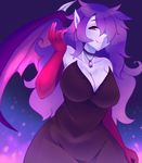  bat_wings big_breasts breasts bridal_gauntlets choker clothing dress fairy fangs female hair huge_breasts humanoid jewelry long_hair looking_at_viewer membranous_wings necklace neopets pointy_ears purple_eyes purple_hair raikissu wings 