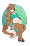 2017 anthro barefoot belly belt big_belly black_pawpads blush breasts brown_eyes brown_fur brown_hair canine claws clothed clothing crop_top ear_piercing english_text eyewear female fur glasses hair hand_on_stomach long_hair looking_at_viewer mammal navel pawpads piercing pregnant seamen shirt shorts smile solo text toe_claws torn_clothing watermark xanderblaze 