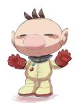  1boy big_nose blush brown_hair buttons closed_eyes closed_mouth commentary_request full_body gloves highres male_focus no_headwear olimar outstretched_arms pikmin_(series) pink_nose pointy_ears red_gloves shadow short_hair simple_background smile solo spacesuit usuba_(hatomugip) very_short_hair white_background 