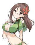  1girl amagi_(kancolle) breasts brown_eyes brown_hair cleavage drawstring eyebrows_hidden_by_hair flower green_shirt hair_flower hair_ornament highres kantai_collection long_hair midriff navel one-hour_drawing_challenge ponytail sakikumo_(sakumo) shirt simple_background solo white_background wide_ponytail 