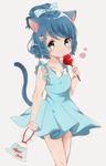  :3 animal_ears blue_dress blue_hair blush bow candy_apple cat_ears cat_girl cat_tail cyan_(show_by_rock!!) dress fish food goldfish green_eyes hair_bow hair_ornament hairclip highres short_ponytail show_by_rock!! simple_background solo tail traditional_media yuma_(mron_322) 