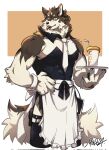  1boy animal_ears animal_hands apron artist_name bara black_leotard black_ribbon black_thighhighs body_fur brown_background brown_fur claws commentary cropped_legs crossdressing cup detached_collar dog_boy dog_ears dog_tail drinking_straw fangs frilled_apron frills furry furry_male hand_on_own_hip hands_up highres holding holding_tray large_hands leotard looking_to_the_side male_focus mudosa necktie open_mouth original ribbon short_eyebrows simple_background slit_pupils solo symbol-only_commentary tail thighhighs tongue tongue_out tray waist_apron white_apron white_background white_necktie wrist_cuffs yellow_eyes 