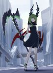  1girl 32zzz alternate_costume asymmetrical_horns black_dress black_horns black_rock_shooter black_rock_shooter:_dawn_fall black_scarf claws dead_master demon_wings dress full_body green_eyes green_hair highres holding holding_scythe horns long_hair mechanical_hands red_wings scarf scythe short_dress sidelocks skull_ornament sleeveless sleeveless_dress solo uneven_horns wings 