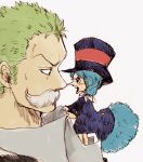  blue_coat blue_hair close-up coat fake_facial_hair fake_mustache green_hair hat jas_(jasjasjasart) neckerchief one_piece profile roronoa_zoro shirt simple_background sweatdrop tail top_hat v-shaped_eyebrows white_background white_neckerchief white_shirt wicca 