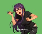  1girl black_pants black_shirt clenched_hand commentary cowboy_shot doki_doki_literature_club green_background hair_intakes hair_ornament hairclip hand_up highres holding holding_pen just_do_it_(meme) khyle. leaning_forward meme panties pants panty_peek pen purple_eyes purple_hair shirt simple_background solo standing underwear white_panties yuri_(doki_doki_literature_club) 