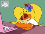 2017 8-bit-britt accessory activision anthro bandicoot black_nose blonde_hair blush clothing coco_bandicoot computer crash_bandicoot_(series) crossed_arms digital_media_(artwork) electronics eyes_closed female flower flower_in_hair fur hair hair_accessory laptop long_hair mammal marsupial multicolored_body multicolored_fur orange_body orange_ears orange_fur plant shirt sitting sleeping solo t-shirt tan_body tan_fur three-quarter_view topwear two_tone_body two_tone_fur white_clothing white_shirt white_t-shirt white_topwear