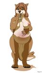  2017 absurd_res akkusky anthro areola belly big_belly big_breasts black_claws breasts brown_eyes brown_fur brown_hair canine claws cup drinking ear_piercing eyewear female fur glasses hair hand_on_stomach hi_res long_hair looking_at_viewer mammal navel nipples nude piercing pink_nipples pregnant simple_background solo toe_claws water white_background wide_hips xanderblaze 
