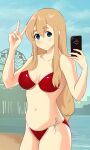  1girl absurdres beach bikini blonde_hair blue_eyes blue_sky blush breasts cellphone cleavage closed_mouth cloud collarbone cowboy_shot day ferris_wheel grand_theft_auto grand_theft_auto_v hair_between_eyes highres holding holding_phone k-on! kotobuki_tsumugi large_breasts long_hair navel outdoors pedro002mot phone red_bikini sky smartphone smile standing swimsuit thick_eyebrows v 