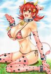  :d akane_(pokemon) alternate_costume animal_ears animal_print armpits artist_name bare_shoulders bell bell_collar bikini blue_sky blush breasts cleavage cloud cloudy_sky collar collarbone commentary_request cosplay covered_nipples cow_ears cow_girl cow_horns cow_print cow_tail cuffs day elbow_gloves fake_animal_ears from_side gen_2_pokemon gloves groin gym_leader hair_between_eyes hair_ornament hairband highres horns kemonomimi_mode large_breasts looking_at_viewer looking_to_the_side low_twintails marker_(medium) miltank miltank_(cosplay) navel on_grass open_mouth outdoors pink_bikini pokemon pokemon_(game) pokemon_gsc pokemon_hgss print_bikini print_legwear red_eyes red_hair shackles side-tie_bikini sitting sky smile solo stomach swimsuit tail takecha teeth thighhighs traditional_media twintails underboob wariza 