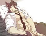  abs clothed clothing discordnight dragon male muscular necktie open_shirt pillow seintaur sergal simple_background solo 