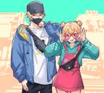  1boy 1girl absurdres bandaid bandaid_on_cheek bandaid_on_face black_headwear black_pants blue_hoodie blue_jacket blue_nails double_bun hair_bun heart heart-shaped_eyewear highres hood hoodie jacket long_sleeves maplesights mask mouth_mask nijisanji nijisanji_en open_clothes open_jacket overall_dress overalls pants pink-tinted_eyewear pink_overalls pomu_rainpuff purple_eyes shirt sonny_brisko sonny_brisko_(1st_costume) sunglasses t-shirt tinted_eyewear virtual_youtuber white_shirt 