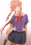  1girl bow bowtie cellphone commentary_request crazy_eyes dated_commentary empty_eyes expressionless flip_phone gasai_yuno highres holding holding_phone long_hair looking_at_viewer mayuakakun mirai_nikki parted_lips phone pink_hair red_bow red_bowtie red_eyes skirt solo standing upper_body white_background yandere 