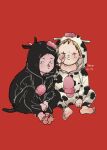  2boys absurdres aged_down aikawa_(dorohedoro) alternate_costume animal_costume barefoot black_hair blonde_hair child chinese_zodiac colored_tips cow_costume dated dorohedoro facial_mark full_body highres male_focus medium_sideburns multicolored_hair multiple_boys nishida_(pixiv_50671594) no_eyebrows red_background risu_(dorohedoro) rubbing_eyes side-by-side thick_eyebrows year_of_the_ox 