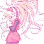  1girl black_bodysuit blonde_hair bodysuit ciel_(mega_man) closed_eyes closed_mouth dress high_ponytail highres iikoao long_hair mega_man_(series) mega_man_zero_(series) pink_dress simple_background solo 