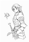  ! 1girl alternate_costume armor braid braided_ponytail chibi chibi_inset dungeon_meshi ears_down elf faulds from_side gauntlets greyscale highres kaminskyw kensuke_(dungeon_meshi) knight living_armor_(dungeon_meshi) long_hair looking_at_viewer looking_to_the_side marcille_donato monochrome pauldrons plate_armor pointy_ears shoulder_armor simple_background surprised sword tentacles weapon winged_sword 