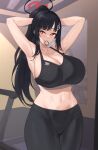  1girl armpits arms_up bare_arms bare_shoulders black_hair black_pants blue_archive breasts cleavage commentary_request cowboy_shot crop_top hair_ornament hairclip highres huge_breasts kuavera leggings looking_at_viewer midriff mouth_hold navel pants pink_eyes rio_(blue_archive) solo sports_bra standing stomach thighs tying_hair yoga_pants 