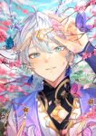  1boy absurdres ahoge antlers bishounen blue_eyes blue_sky bug butterfly cherry_blossoms earrings ensemble_stars! falling_petals field flower flower_field grey_hair hair_between_eyes hand_up highres horns jewelry light_particles looking_at_viewer male_focus parted_lips petals portrait sena_izumi_(ensemble_stars!) short_hair sky smile solo sparkle user_mayx3335 