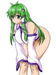  antenna_hair armpit_peek bangs bare_shoulders blush bottomless breasts closed_mouth commentary_request detached_sleeves frog_hair_ornament green_eyes green_hair hair_ornament hair_tubes hands_on_own_knees heavy_breathing highres itou_yuuji japanese_clothes kochiya_sanae large_breasts leaning_forward long_hair long_sleeves nontraditional_miko shirt smile snake_hair_ornament solo sweat tareme touhou white_shirt wide_sleeves 