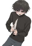  1boy black_eyes black_hair black_sweater blush cuffs grey_background grey_pants haep0912 handcuffs highres holding holding_knife knife long_sleeves looking_at_viewer male_focus open_mouth pants shaded_face short_hair simple_background solo sweater teeth tsugino_haru turtleneck turtleneck_sweater zeno_(game) 