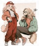  1boy 1girl absurdres animal_ears baggy_pants baseball_cap body_fur brown_background brown_eyes brown_fur brown_hair brown_pants claws closed_mouth commission cross-laced_footwear dog_boy dog_ears dog_girl dog_tail floppy_ears full_body furry furry_female furry_male glasses green_jacket grey_shirt hand_in_pocket hat highres jacket long_hair long_sleeves looking_at_viewer original pants red_footwear red_headwear red_jacket red_pants red_shirt red_socks round_eyewear shirt shoes short_eyebrows simple_background sitting smile sneakers socks standing tail tomochiso v 