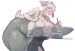 absurd_res anthro bent_over big_breasts bovid breast_smother breasts caprine cleavage clothed clothing duo female fur hair hi_res huge_breasts larger_female mammal size_difference smothering thick_thighs utterangle