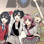  4girls ? arm_up arrow_(symbol) beret black_hair black_sailor_collar blue_necktie bow chase!_(love_live!) closed_eyes collarbone collared_shirt cosplay d4dj diamond_(love_live!) dokipipo_emotion fang goggles goggles_on_head green_bow grey_eyes grey_hair hair_between_eyes hat jacket long_hair looking_ahead love_live! love_live!_nijigasaki_high_school_idol_club medium_hair mifune_shioriko mini_hat multiple_girls nakasu_kasumi neckerchief necktie open_clothes open_jacket open_mouth pink_hair pink_neckerchief plaid plaid_skirt puffy_short_sleeves puffy_sleeves red_eyes red_headwear red_jacket sailor_collar sasago_jennifer_yuka sasago_jennifer_yuka_(cosplay) shirt short_hair short_sleeves shorts sidelocks skirt tennouji_rina tilted_headwear upper_body v-shaped_eyebrows voice_actor_connection white_jacket white_shirt white_shorts white_skirt xunyu_(manyu) yellow_eyes yellow_headwear yuuki_setsuna_(love_live!) 