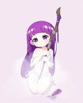 1girl barefoot chibi dissolving_clothes feet fern_(sousou_no_frieren) highres holding holding_staff l.eleven long_hair looking_at_viewer potion purple_background purple_eyes purple_hair seiza simple_background sitting smoke solo sousou_no_frieren staff wooden_staff 