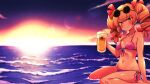  1girl alcohol beer bikini blonde_hair commission drill_hair eyewear_on_head highres looking_at_viewer ocean orange_eyes orange_hair outdoors purple_bikini round_eyewear scavia10 sitting skeb_commission solo swimsuit touhou twin_drills yorigami_jo&#039;on 