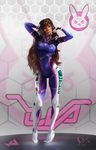  abstract_background animal_print arm_behind_head arms_up bangs bodysuit bracer breasts brown_eyes brown_hair bunny_print clothes_writing contrapposto d.va_(overwatch) dated emblem eyebrows facepaint facial_mark finger_to_mouth full_body gloves grey_background headphones high_collar highres honeycomb_(pattern) honeycomb_background jit-art lips long_hair looking_at_viewer medium_breasts nose overwatch parted_lips pilot_suit ribbed_bodysuit shoulder_pads signature skin_tight smile solo standing swept_bangs whisker_markings white_gloves 
