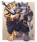  2boys animal_ear_fluff animal_ears animal_feet armor bag baggy_pants bara barefoot black_fur black_pants blue_eyes blue_pants body_fur brown_background claws digitigrade fangs feeding food force-feeding full_body furry furry_male furrylorddawoon gradient_background greatsword grey_fur hand_on_another&#039;s_shoulder hand_up highres holding holding_food holding_paper holding_skewer looking_at_another male_focus multiple_boys muscular muscular_male no_shirt open_mouth orange_fur original pants paper satchel sharp_teeth shoulder_armor simple_background skewer solo standing sword sword_on_back tail teeth thick_eyebrows tiger_boy tiger_ears tiger_tail weapon weapon_on_back wolf_boy wolf_ears wolf_tail 