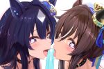  2girls animal_ears black_collar blue_hair blush brown_hair collar commentary_request fellatio food hat heart heart-shaped_pupils hetero highres horse_ears horse_girl kokoa_ninniku licking licking_penis mole mole_under_eye multicolored_hair multiple_girls oral penis popsicle purple_eyes revision sexually_suggestive siblings simple_background sisters spiked_collar spikes streaked_hair symbol-shaped_pupils tongue tongue_out umamusume upper_body verxina_(umamusume) vivlos_(umamusume) white_background white_hair white_headwear 