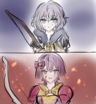  1girl age_difference bernadetta_von_varley bow bow_(weapon) commentary_request fire_emblem fire_emblem:_three_houses garreg_mach_monastery_uniform hair_bow holding holding_bow_(weapon) holding_weapon konoka624 looking_at_viewer messy_hair purple_hair shoulder_pads sketch upper_body weapon 