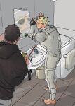  2boys absurdres adjusting_hair aikawa_(dorohedoro) barefoot bathroom black_hair blonde_hair blush colored_tips couple dorohedoro facial_mark highres holding holding_brush hood hood_down jumpsuit male_focus medium_sideburns multicolored_hair multiple_boys nishida_(pixiv_50671594) no_eyebrows pants profile risu_(dorohedoro) sketch spiked_hair standing thick_eyebrows yaoi 