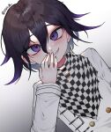  1boy artist_name black_hair blush checkered_clothes checkered_scarf danganronpa_(series) danganronpa_v3:_killing_harmony dutch_angle flipped_hair grin hair_between_eyes hand_up highres jacket leegal_kkyu long_sleeves looking_at_viewer male_focus oma_kokichi purple_eyes purple_hair scarf smile solo teeth white_jacket 