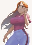  1girl bleach breasts brown_eyes closed_mouth hand_up henchan45 inoue_orihime large_breasts long_hair orange_hair pants pink_shirt shirt simple_background smile solo white_background white_pants 