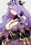  1girl armor bare_shoulders breast_strap breasts camilla_(alluring_darkness)_(fire_emblem) camilla_(fire_emblem) cleavage commentary_request crown dress fake_horns fire_emblem fire_emblem_fates fire_emblem_heroes frilled_dress frills gloves grey_background hair_over_one_eye highres horned_headwear horns large_breasts long_hair looking_at_viewer official_alternate_costume parted_lips peach11_01 purple_dress purple_eyes purple_gloves purple_hair simple_background smile solo tiara upper_body very_long_hair wavy_hair 