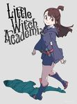  boots brown_hair collared_shirt copyright_name full_body grey_background high_ponytail highres kagari_atsuko knee_boots little_witch_academia long_hair long_sleeves red_eyes shadow shirt smile solo standing tarou2 wide_sleeves 