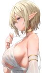 1girl anza_tomo blonde_hair blue_eyes breasts choker copyright_request dress elf highres large_breasts pointy_ears short_hair simple_background solo upper_body white_background white_dress yellow_choker 