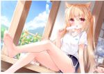  1girl absurdres animal_ear_fluff animal_ears barefoot blonde_hair blue_shirt blush cat_ears cloud electric_fan feet food hair_ornament hairclip highres leg_up legs licking long_hair mochizuki_riku open_mouth original outdoors popsicle red_eyes shirt short_shorts short_sleeves shorts sitting sky soles solo thighs toes tongue tongue_out twintails white_shirt 